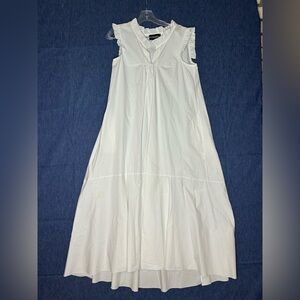 Cotton White Sleeveless Maxi Dress - V-Neck with Ruffled Shoulders